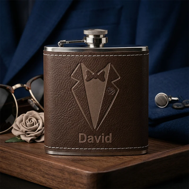 6oz Personalized Leather Hip Flask, Customized Logo Stainless Steel Wine Bottle, Best Man Groom Gift, Wedding Favors