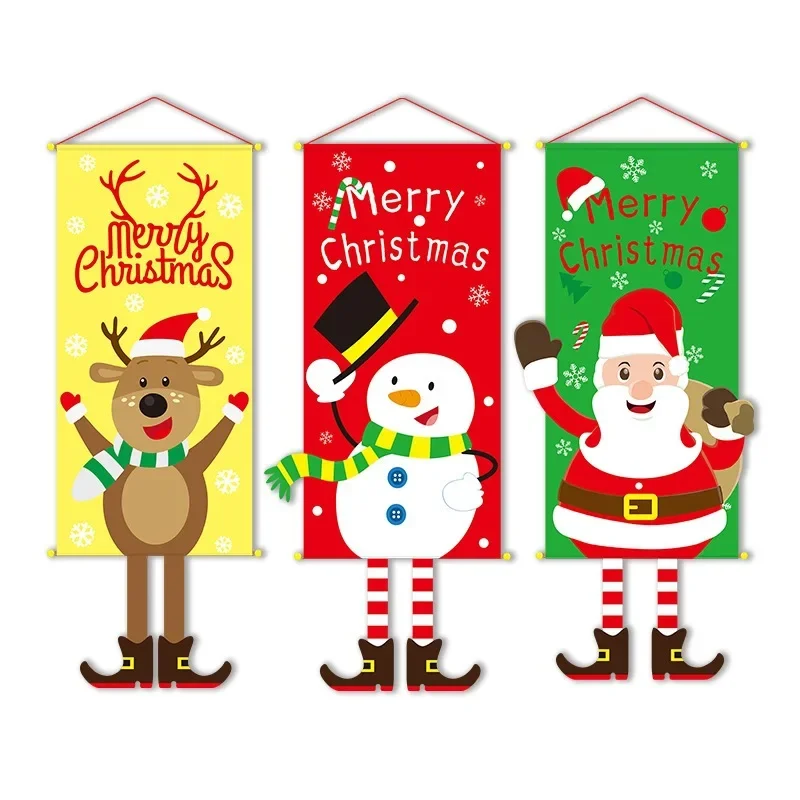 Merry Christmas Hanging Cloth Banner Santa Claus Elk Elf Poster Hanging Flag Scene Layout Pendants Xmas Ornaments Window Decor