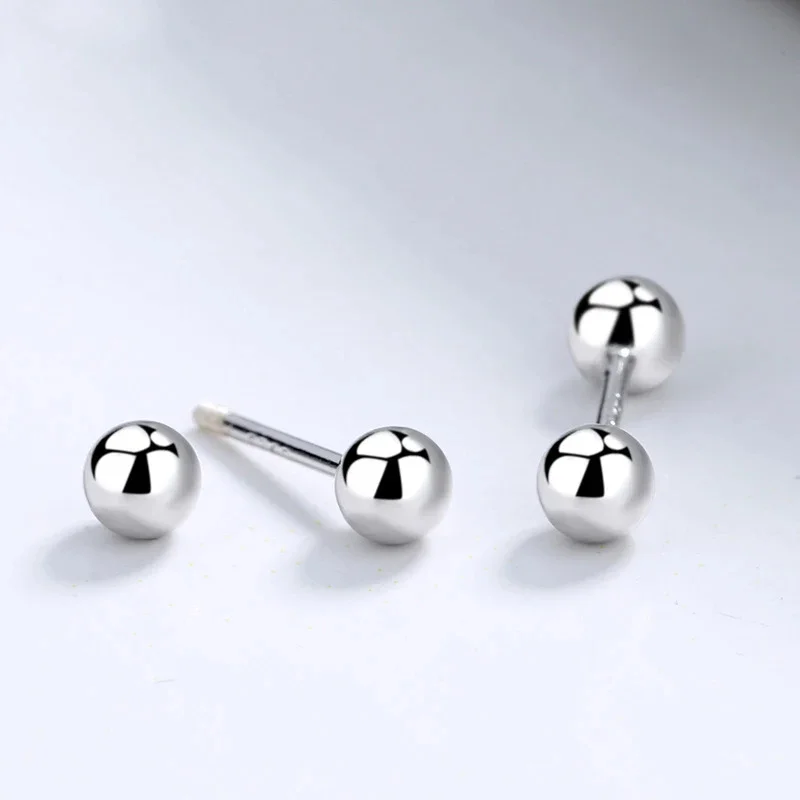 Real 925 Sterling Silver Round Screw Bead Stud Earrings Pendientes For Fashion Women Classic Fine Jewelry Minimalist Accessories