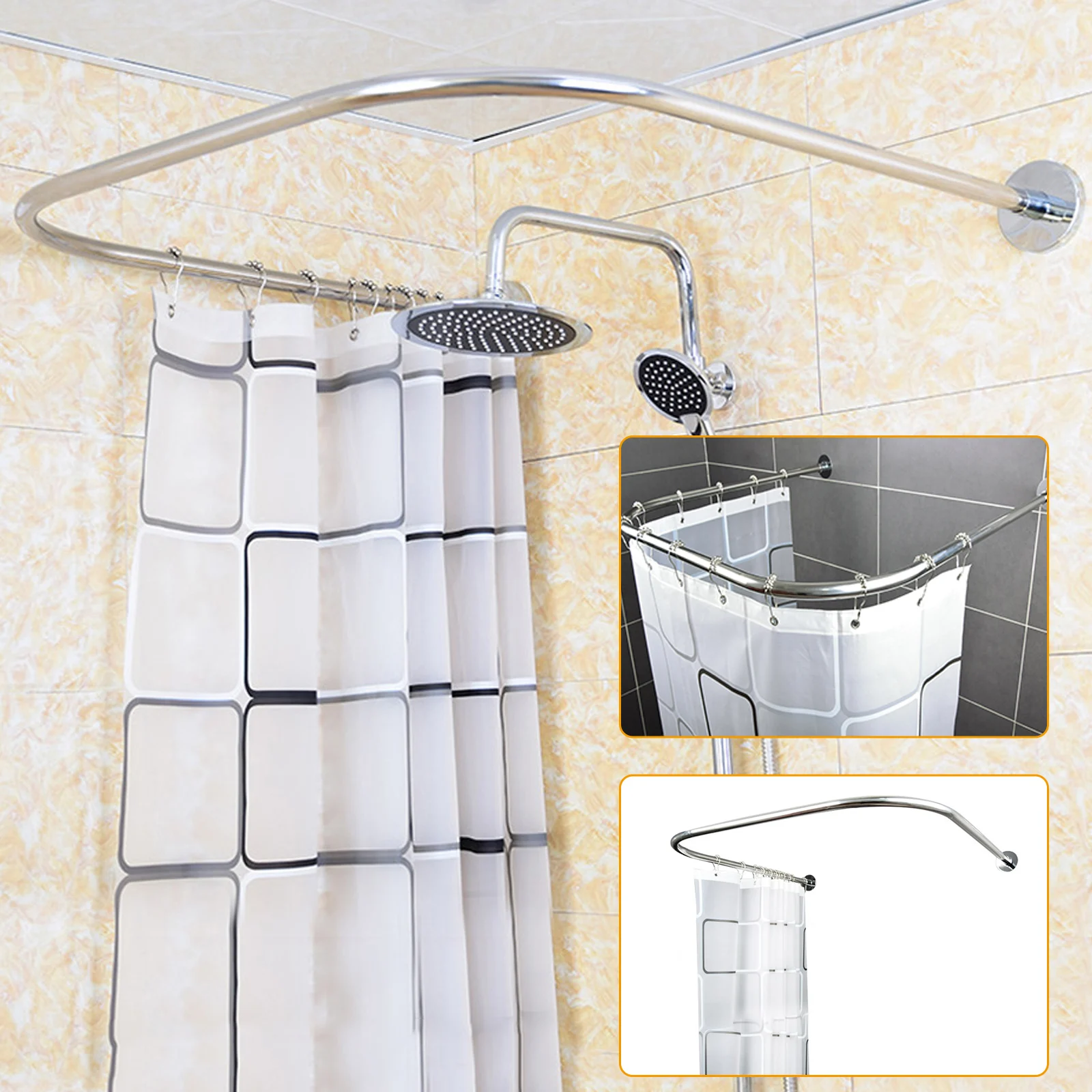 U Shaped Shower Curtain Rod Set Stainless Steel U-shape Curve Toilet Bathroom Shower Pole Toilet Bathroom Pole Stainless Steel