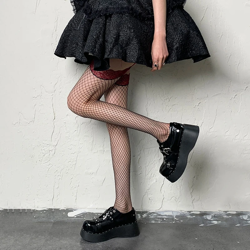 Women Lace Trim Garter Fishnet Thigh High Socks, Stretchy Mesh Long Hosiery, Gothic Style Socks for Party Cosplay Outfit
