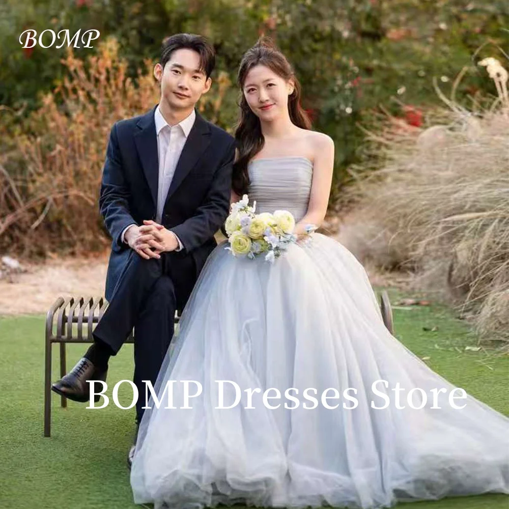 

BOMP Princess Grey Wedding Dress Strapless A-Line Sweep Train Korea Photoshoot Customized Bridal Tulle Corset Gowns Pastrol
