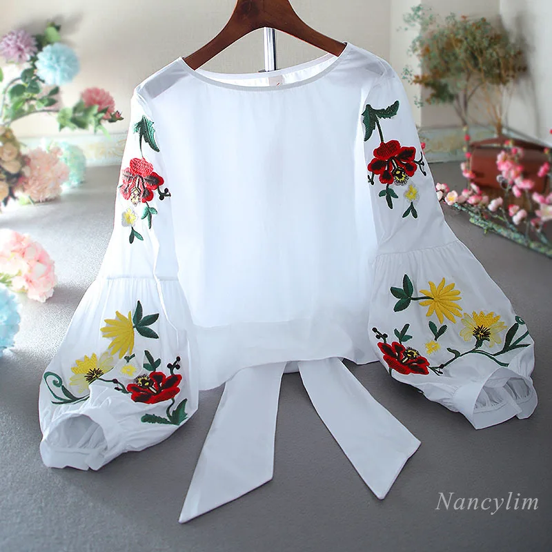 Vintage Flower Embroidery Long Lantern Sleeve Shirt Woman High Waist Loose Bow Back Cropped Cotton Blusas All-Match Tops Femme