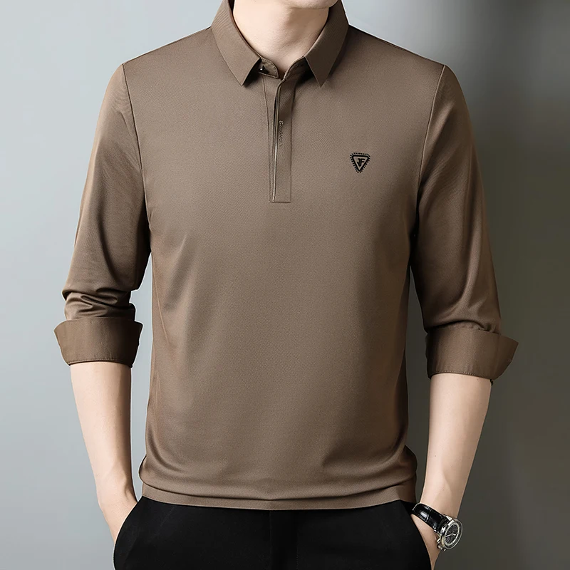 High Quality Autumn Winter Polo Shirts for Men Elasticity Long Sleeve Business Casual Collar T-Shirts