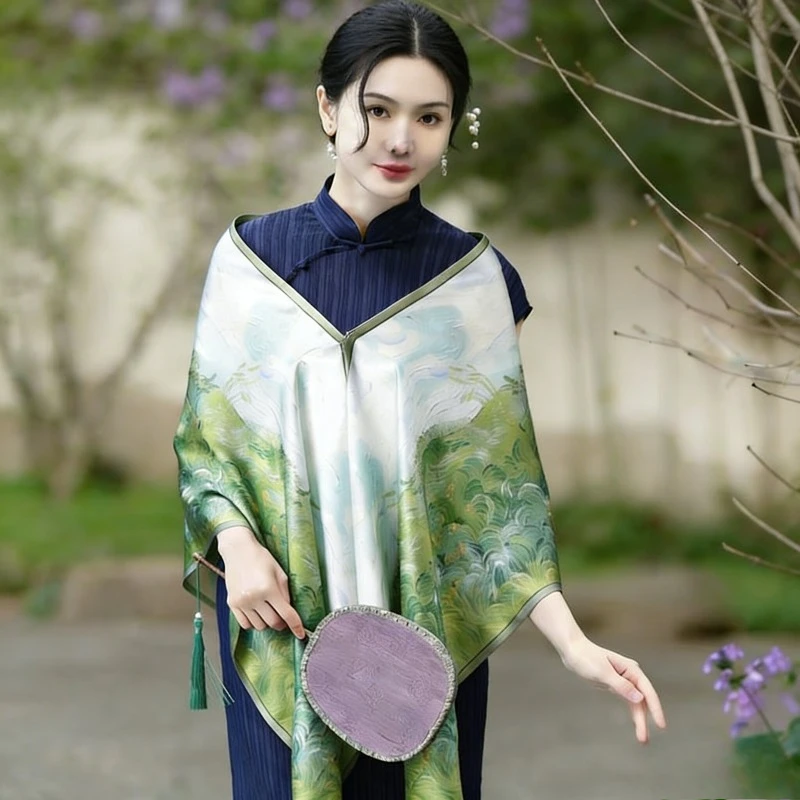 

170cm x 53cm Mulberry Silk Scarf Women's New Green Long Scarf Printed Shawl Outer Scarf for Mother Gift Gift Box