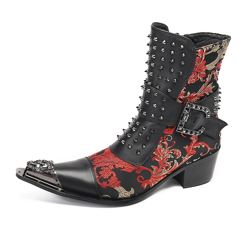 

Original Black Men's Pointed Color Blocked Printed Formal Shoes Men's Leather Buckle Belt Motorcycle Boots T-platform Boots