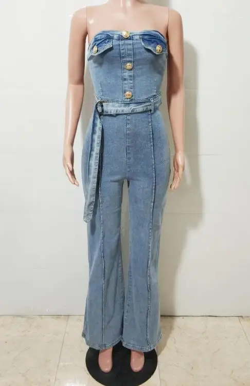 

Jumpsuit Women 2026 New Spring Solid Color Bandeau High Waist Zipper Back Streetwear Slim Fit Elastic Denim Jumpsuit
