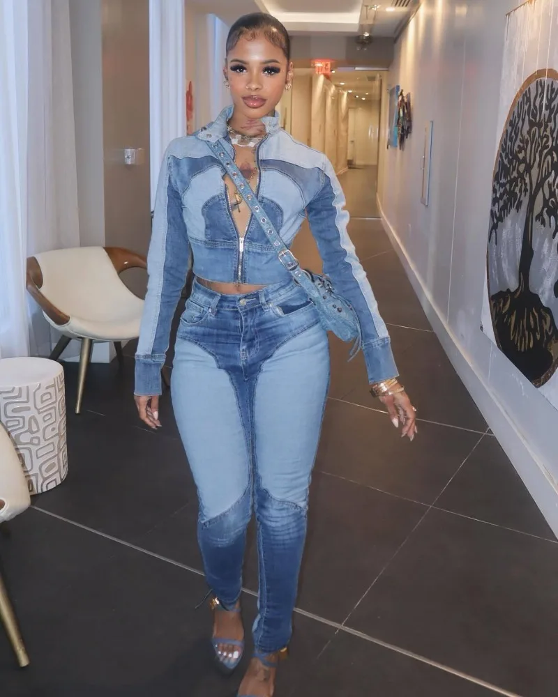 Color Patchwork Denim 2 Piece Set Stand Collar Long Sleeve Zipper Jackets Tops + Button Fly High Waist Pencil Pants Jeans Suits
