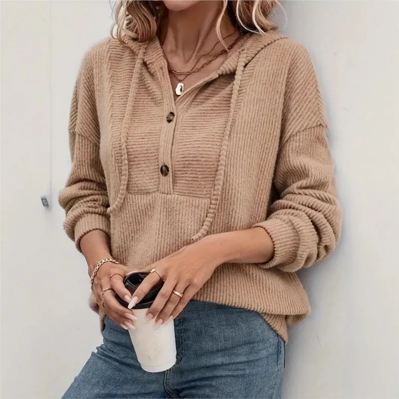 Solid Color Drawstring Hooded Long Sleeved Sweatshirt Autumn Winter Women's Leisure New Button Up Top Sudaderas De Mujer