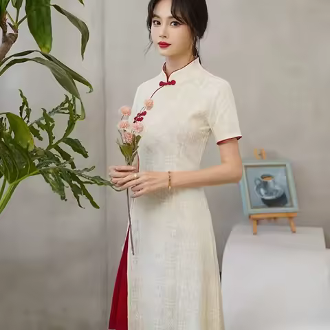 Evening Party Dress Short Sleeve Qipao Dress China-Chic Long Fork Traditional Chinese Dress Plus Size Classic Cheongsam Women