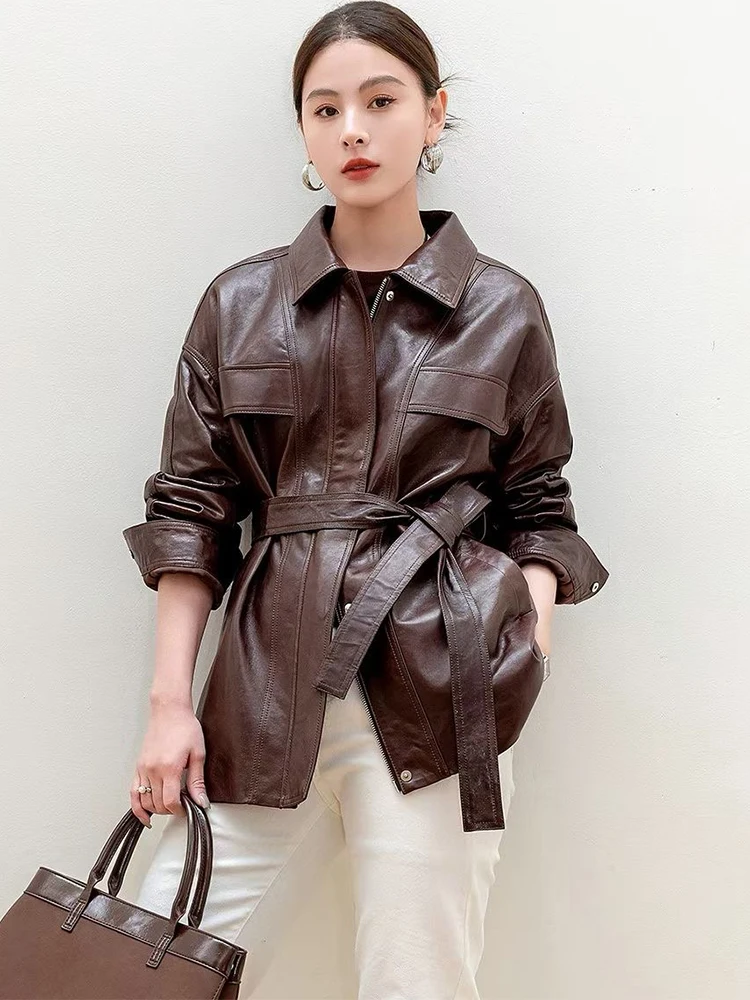 Women's Classic Real Sheepskin Leather Windbreaker Female Genuine Leather Black Slim Belt Long Suit Jacket Coat