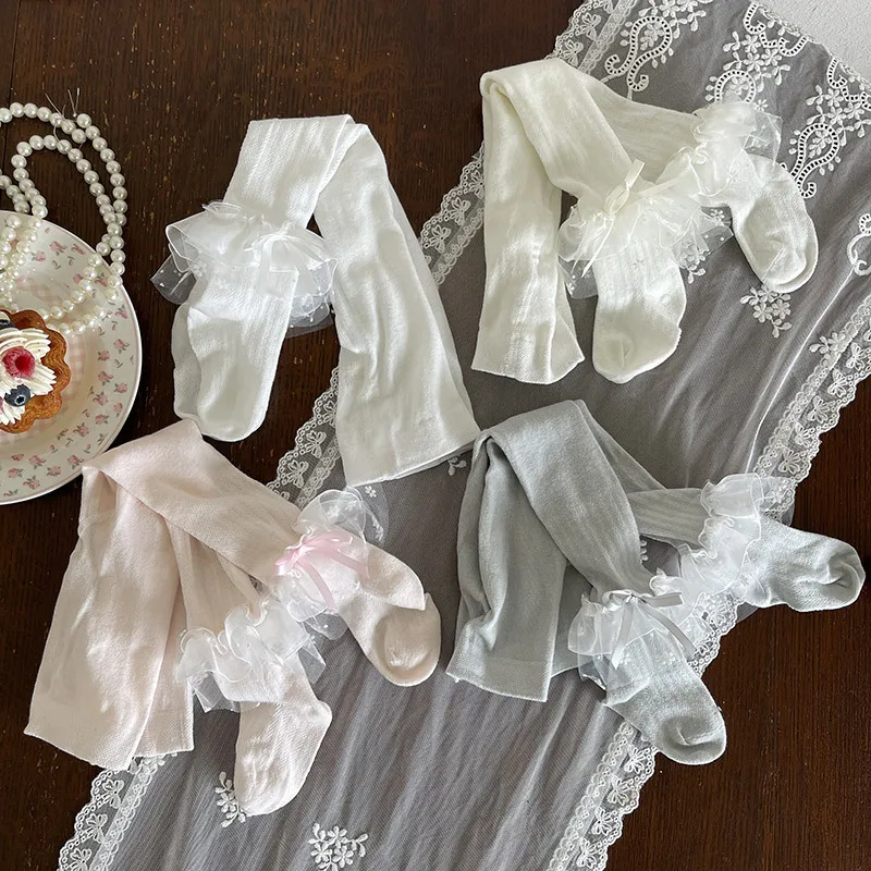 Kids Girls Lace Ruffle Bow Tights Spring Summer Breathable Cotton Pantyhose Children Princess Lolita Style Stockings