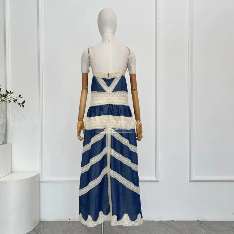 Vestido de mujer 2026 primavera nuevo blanco azul encaje Patchwork sin mangas vestidos Midi