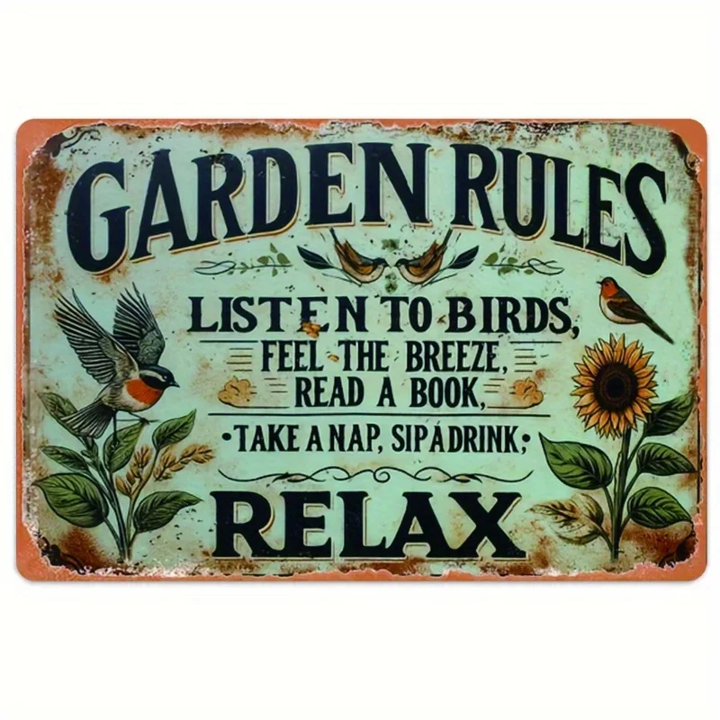 Vintage Garden Rules Metal Wall Sign -  Rustic Iron Decor with Inspirational Quotes, Distressed Green Background, Birds,Sunflowe