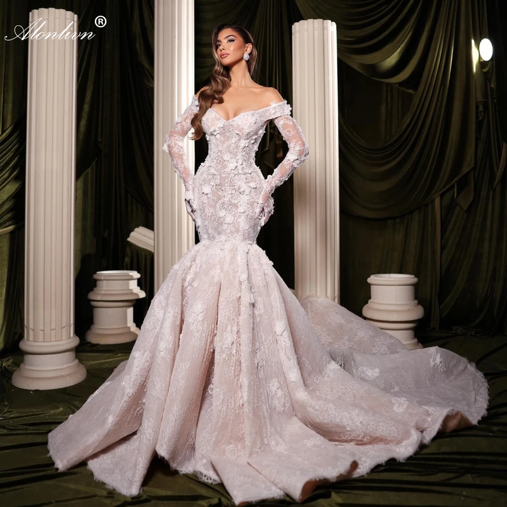 Alonlivn Custom Made Vintage Off Shoulder Full Sleeves V-Neck Mermaid Wedding Dresses Embroidery Lace With 3D flower Bridal Gown