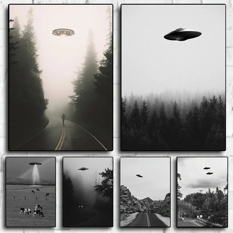 Flying Saucer (UFO) Above A Forest Poster Vintage Black White Photography Canvas Painting Wall Art Picture for Room Home Decor