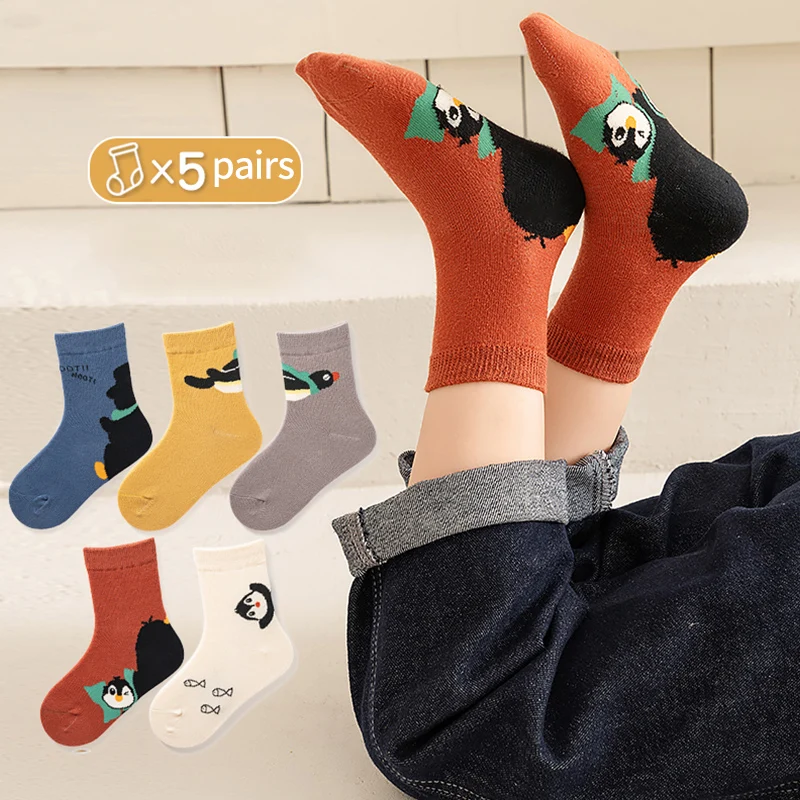 5 Pairs Of Cartoon Combed Cotton Socks Autumn And Winter New Children's Penguin Pattern Mixed Color Casual Mid-Tube Socks