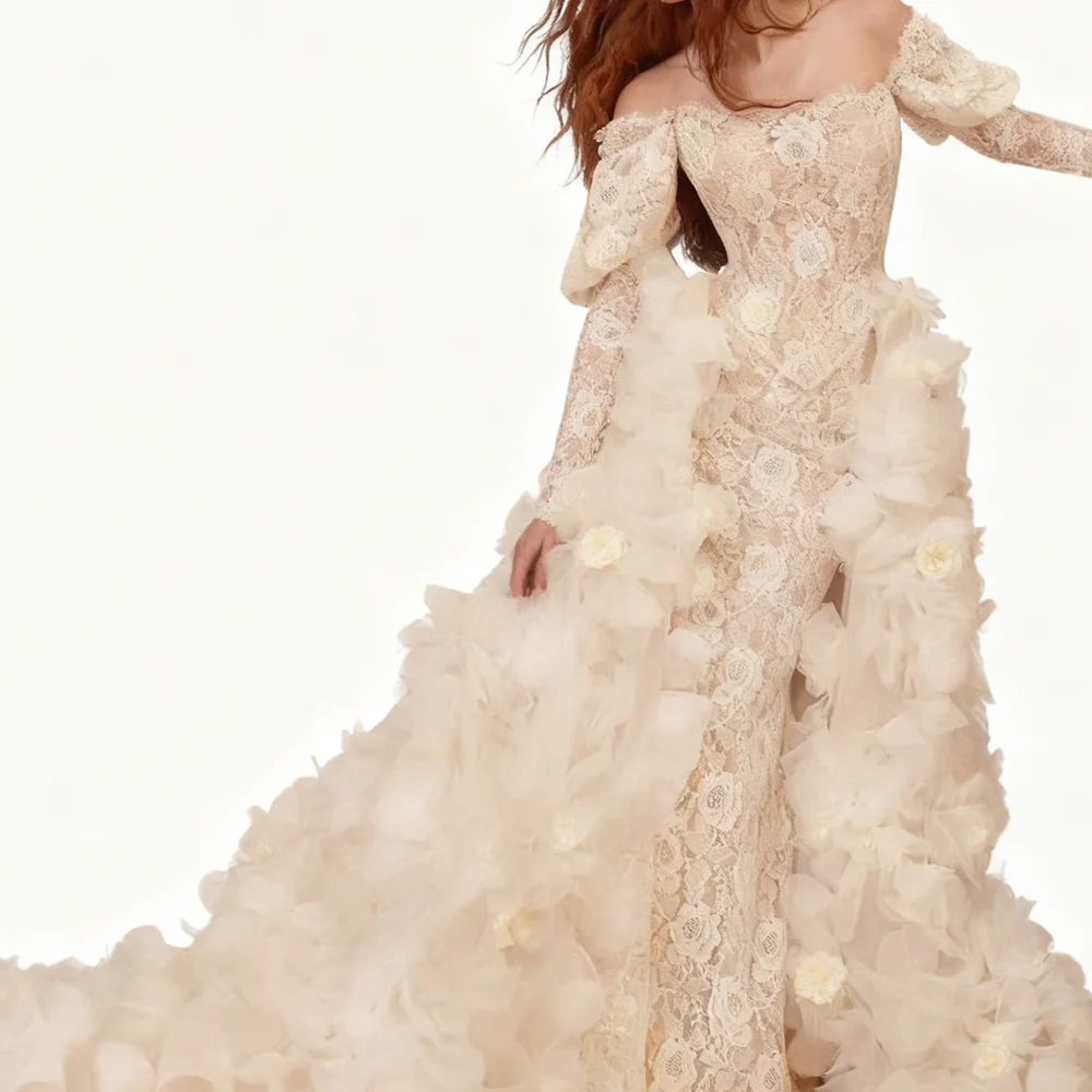 Luxury Off Shoulder Lace Full Sleeve Tulle Mermaid Bride Wedding Dresses Bridal Gowns Customized