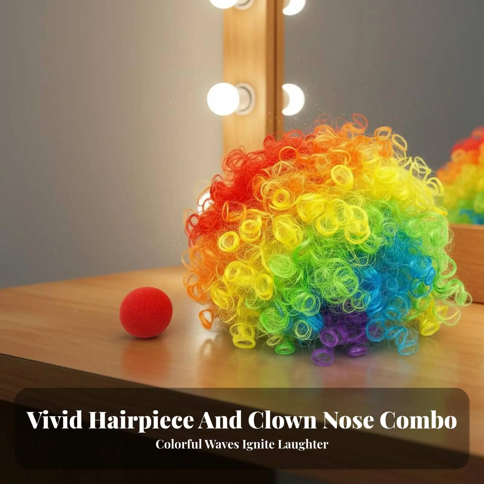Breathable Polyester Rainbow Wig for Cosplay Stage Show with Red Nose for Party Laughs