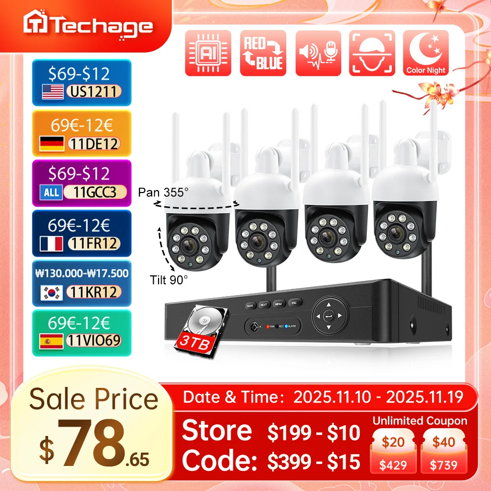 Techage H.265 8CH 4MP Video Surveillance Wireless System Set PTZ Security Camera Wifi NVR Kit Auto Tracking 2 Way Audio ONVIF