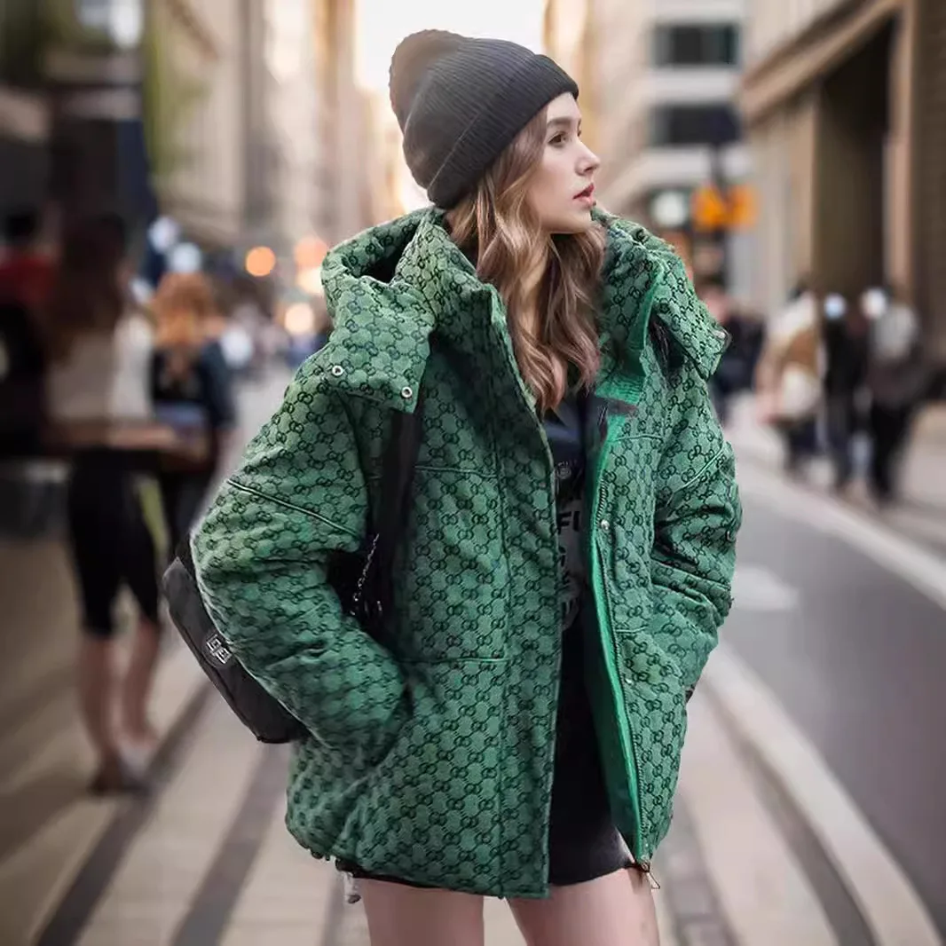 2024 nuova giacca verde con stampa con cappuccio inverno femminile cerniere parka Mujer Casual Puffer inverno piumino di cotone cappotti donna Chic