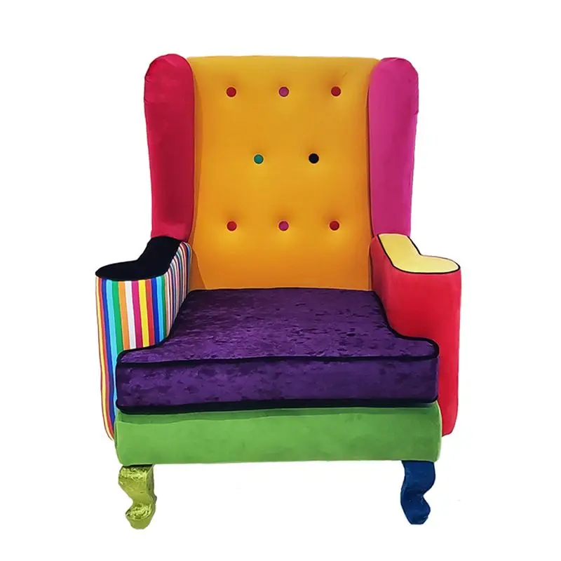 European fabric retro contrasting color single sofa, artistic splicing solid wood model room nail button flannel house