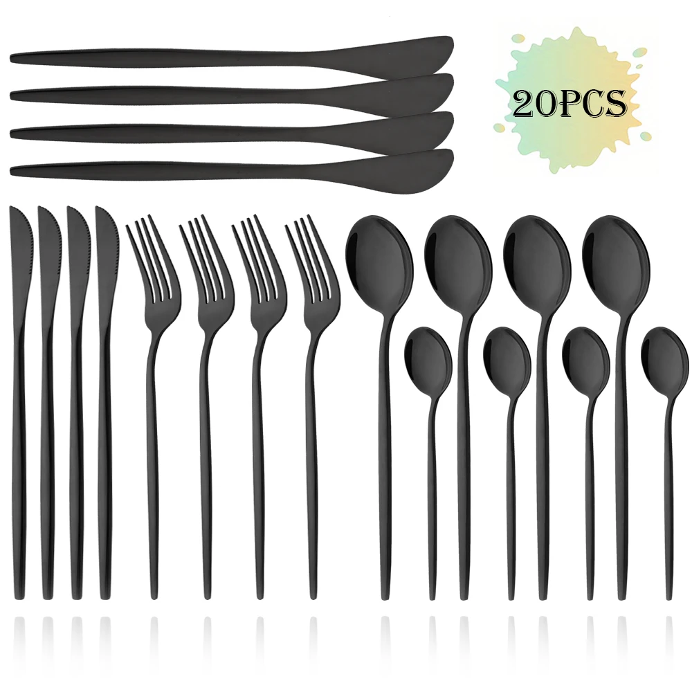 

20Pcs Tableware Flatware Set Mirror Black Cutlery Set Stainless Steel Fork Butter Knife Teaspoon Dinner Kitchen Dinnerware Set