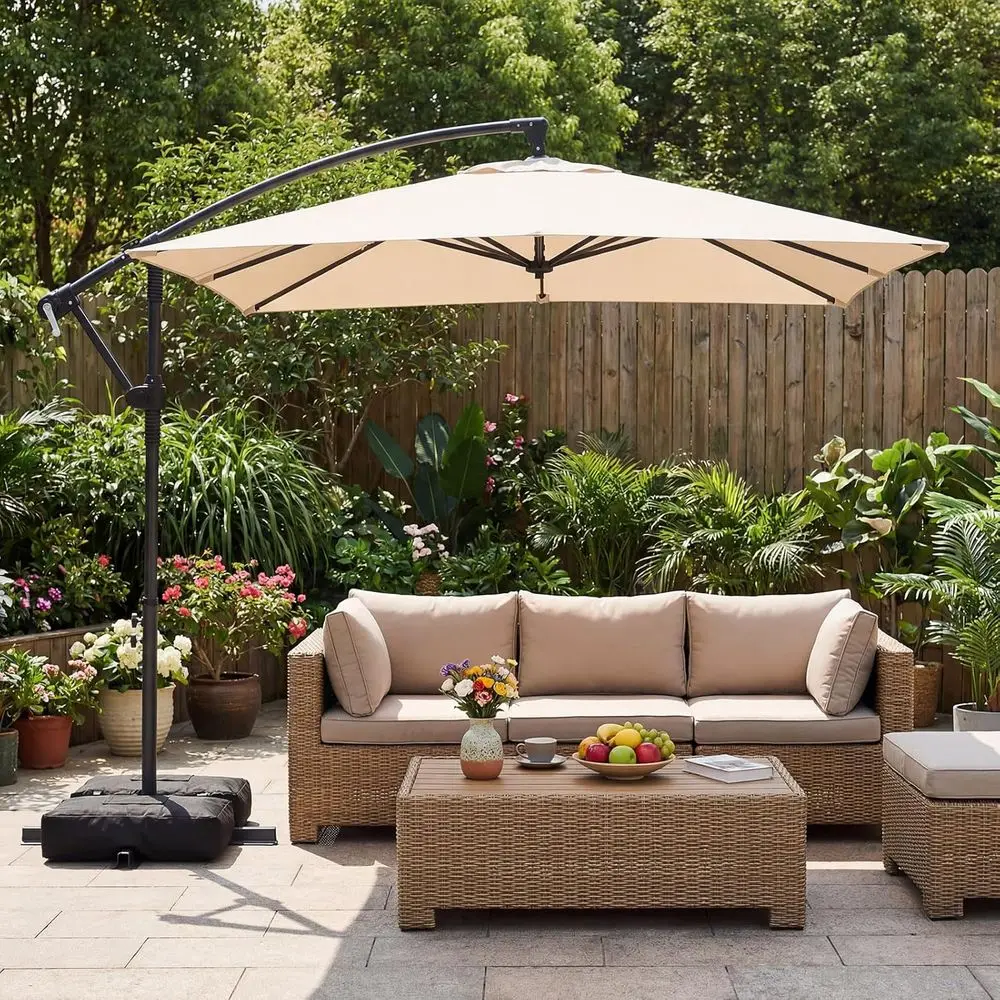 8x8 Patio Umbrella with Base, Square Cantilever Outdoor Umbrella, 360 Degree Rotation, Crank Handle, Sandbags, 8 Ribs, Pool Deck