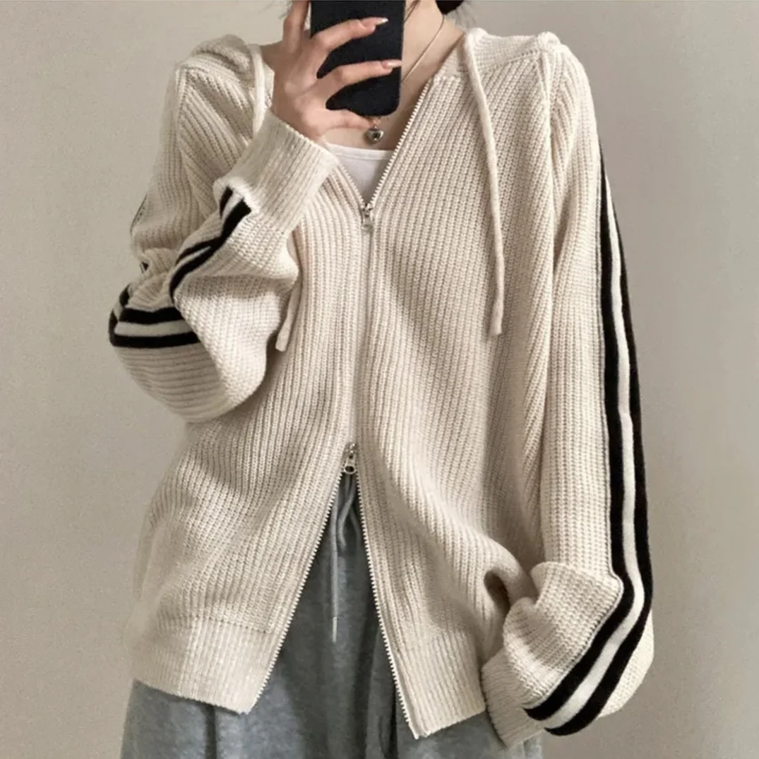 Chic autunno inverno lungo Sve Dstring maglione da donna allentato con cappuccio pendolari Sle versione coreana top lavorato a maglia taglio dritto