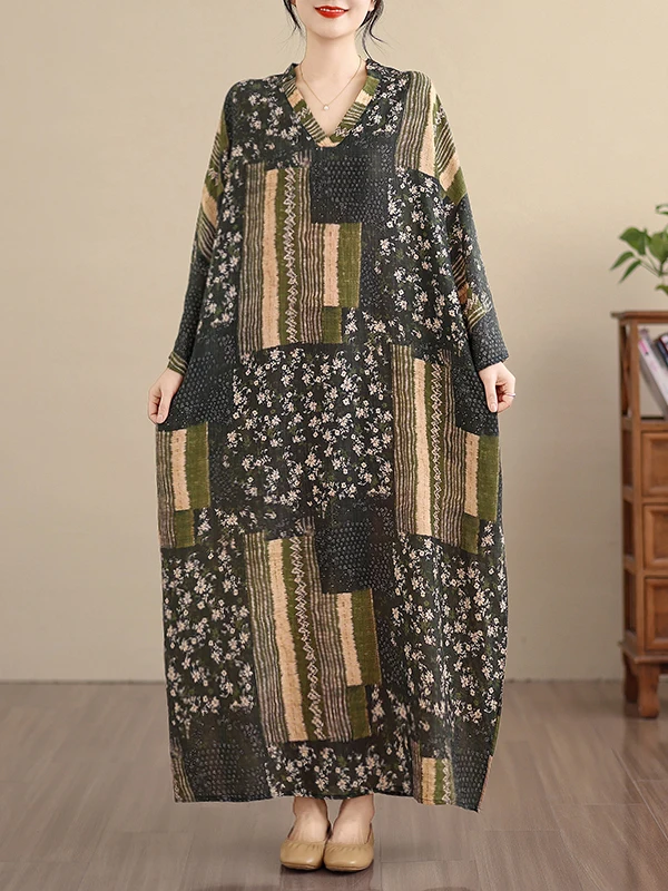 ربيع 2026 المرأة القطن لين دكتور V-Ne السفر الطويل عادية Sle الأزهار طباعة عطلة جوية فضفاضة الخصر تسعة Sve