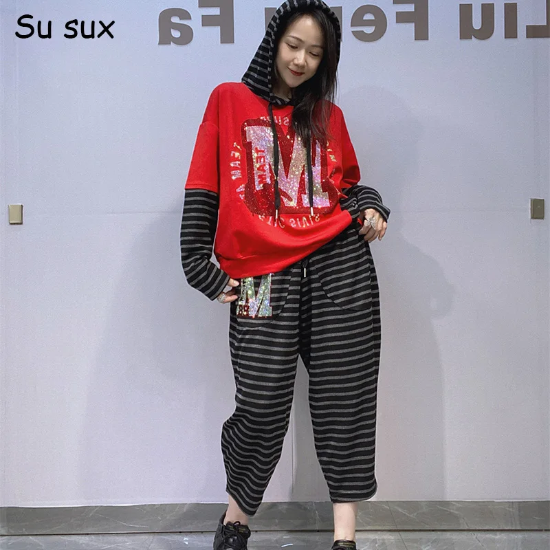 

Striped Hoodies Sweatershirt 2 Pieces Set For Woman Outfits Casual Oversized Haren Pants Sets Korean Fashion Matching Sets 2025