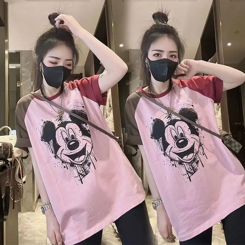 

Новая летняя женская свободная футболка в корейском стиле с мультяшным принтом Микки Мауса, с цветными блоками, круглым вырезом, коротким рукавом, повседневная, модная