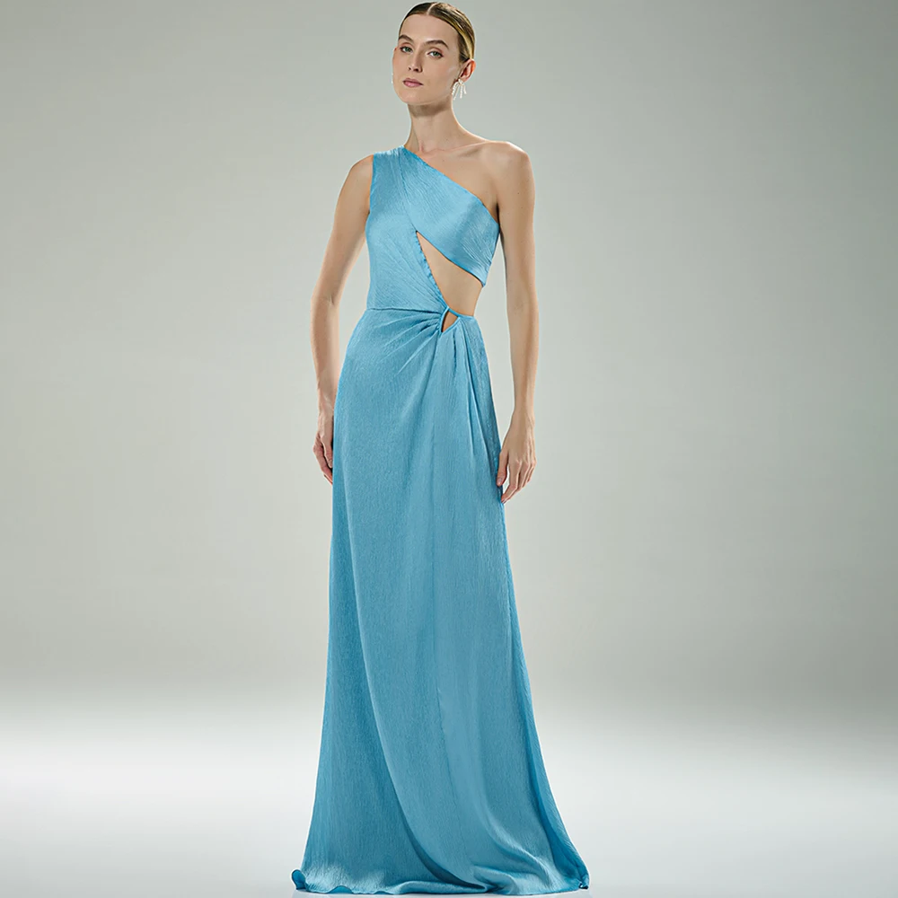 

Classic Blue Satin Evening Dress Graceful Customized One Shoulder Special Occasion Gowns Delicate Sweep Train Prom Dresses