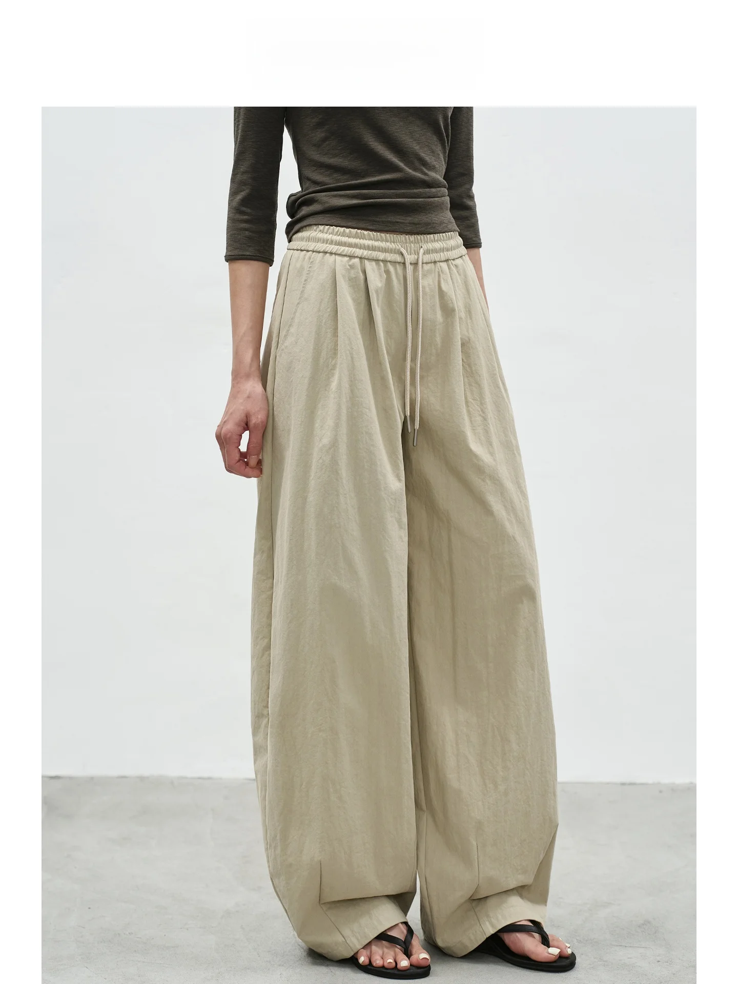 

EIGHTHMONTH Women's Loose Wide Leg Casual Pants Elastic Waist Balloon Pants Light Khaki Color Lazy Style Comfortable Trousers