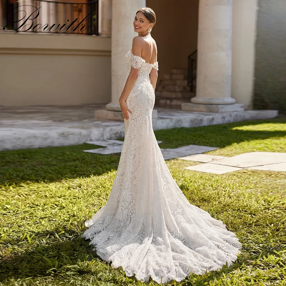 

Bowith Luxury Lace Wedding Dresses Sweetheart Collar Off the Shoulder Bridal Gown Court Train Customized vestidos de novia