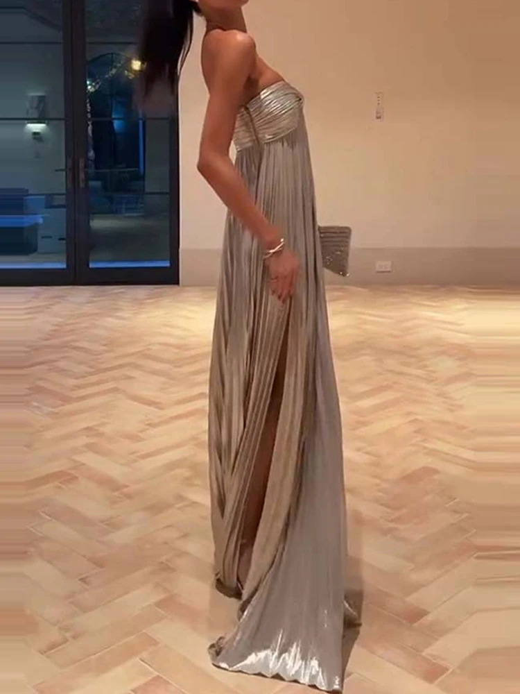 Sexy ärmelloses, rückenfreies, solides Partykleid, Damenmode, plissiertes Abendkleid, elegantes, trägerloses, hohes Taillen-Feiertags-langes Kleid