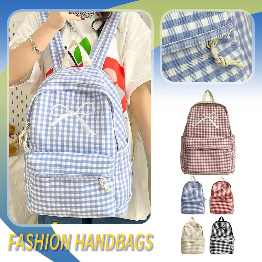 Stylish Campus Backpacks Large Capacity Casual Travel Bag Multi-Pockets Grid Pattern Bowknot Travel Bag Campus Backpacks