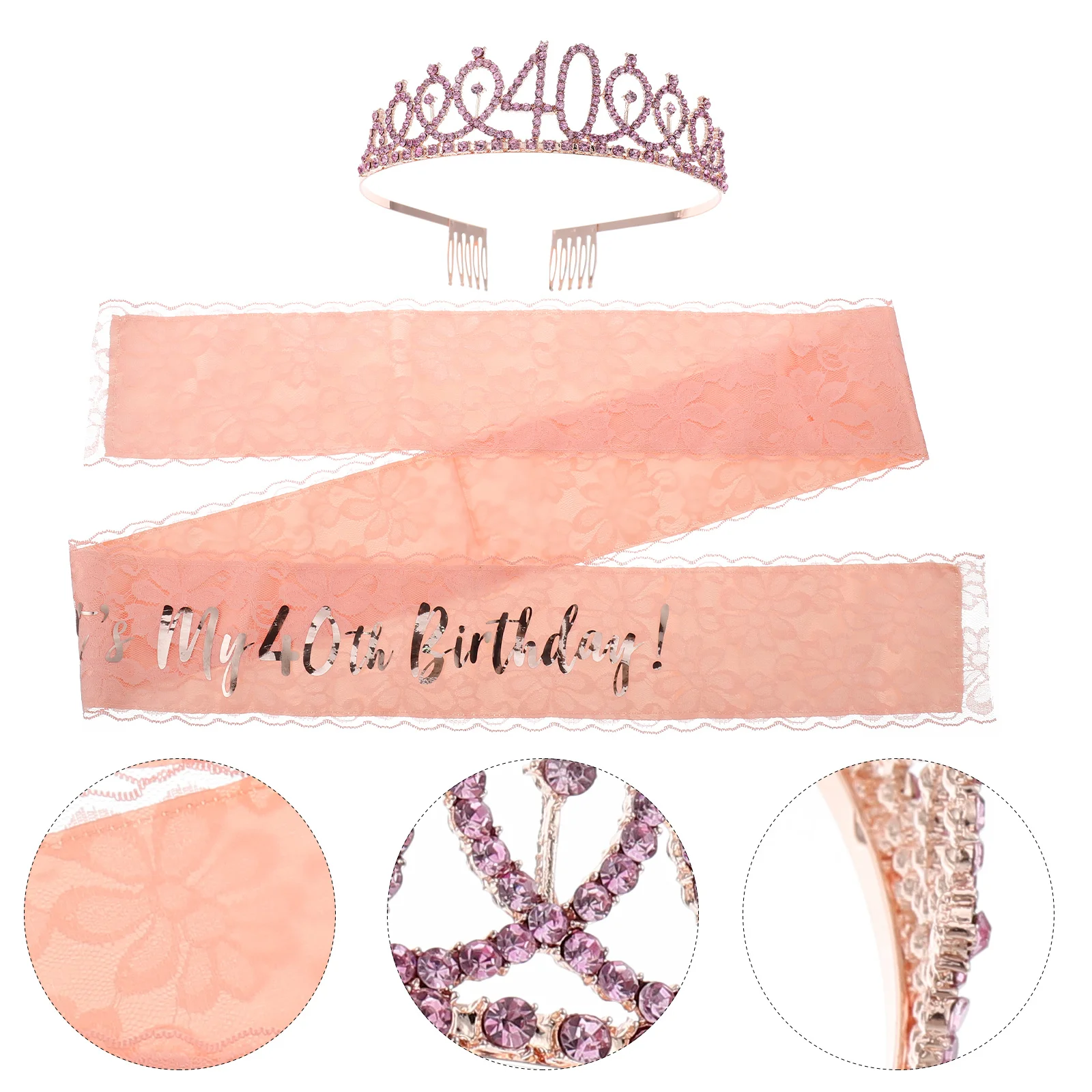 

2Pcs Crown Rhinestone Birthday Sash Set 40th Party Supplies Women Girls Glamorous Headdress Crown Birthday Sash