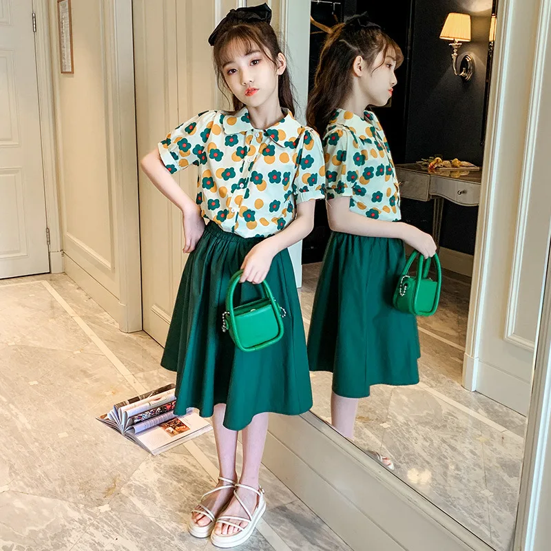 

2025 Summer Girls 2 Piece Outfit Kids Clothing Sets Fashion Sleeveless Shirt & Skirt Set for Big Kids (4-12 Years)