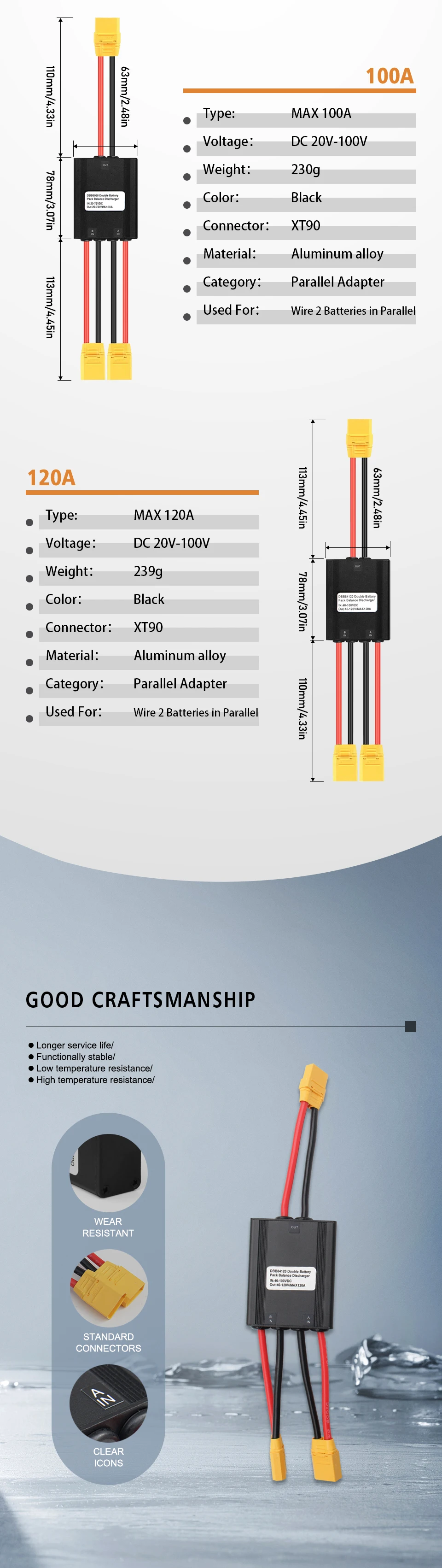 10V-100V 20A-40A 20V-100V 20A-120A XT60/XT90 Stecker Doppel-Akku-Entladekonverter mit Ladekopf Parallelmodul-Adapter – Detail 6
