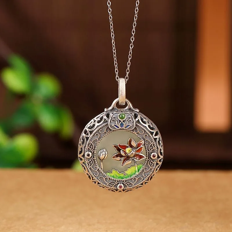 Chinese Vintage Lotus Sachet Openwork Pendant Elegant Minimalist Necklace for Women Traditional Ethnic Jewelry Festival Gift