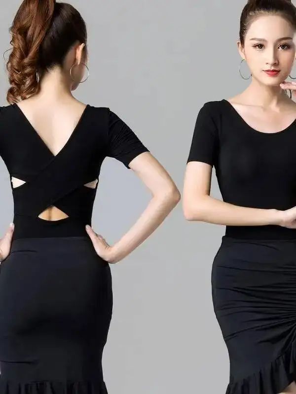 Haut de danse latine pour femmes adultes, nouvelle tenue de danse moderne, pratique ajourée, coupe cintrée, T-shirt latin, robe de danse