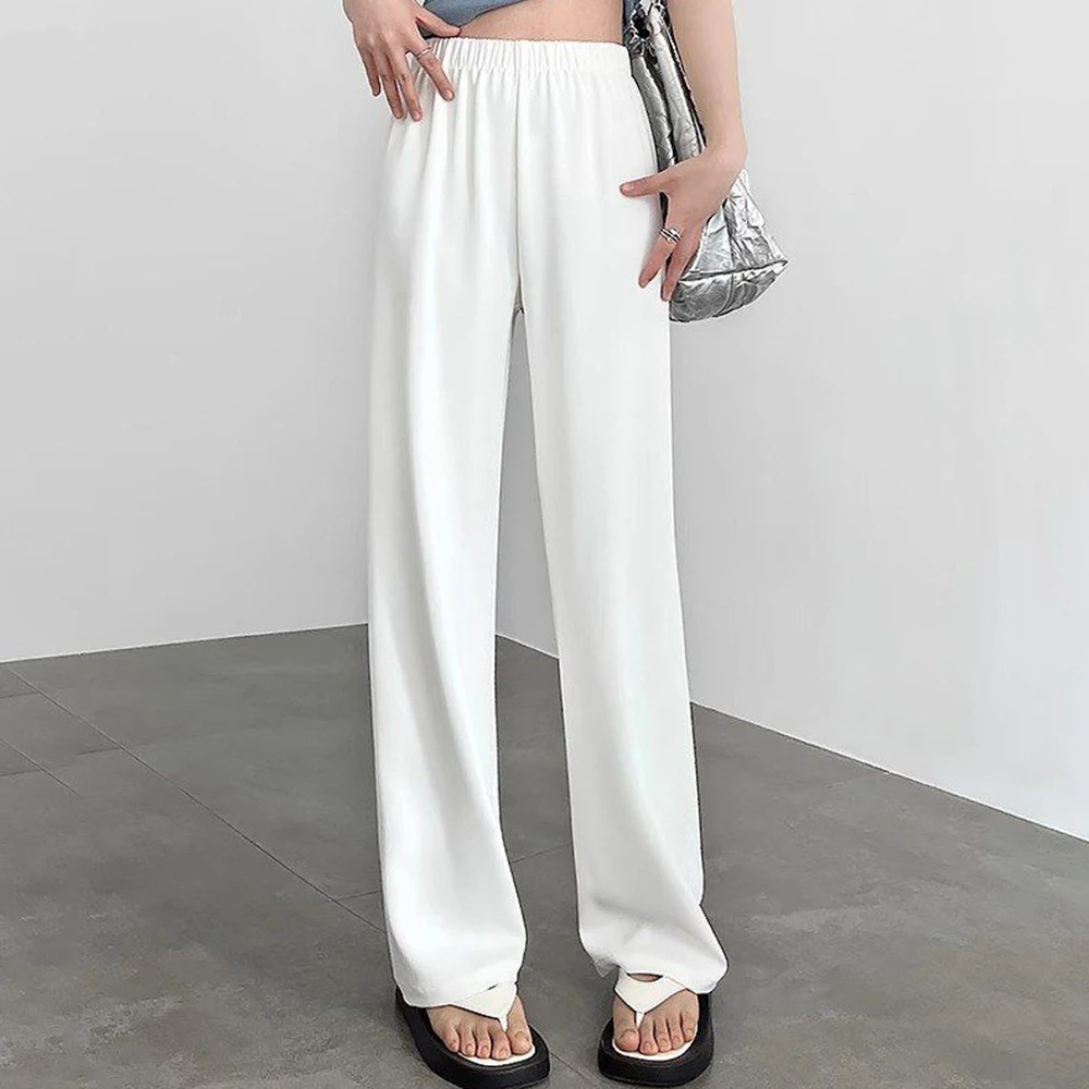 White suit wide-leg pants women's summer thin elastic high-waisted nine-point narrow version ice silk straight mopping pants