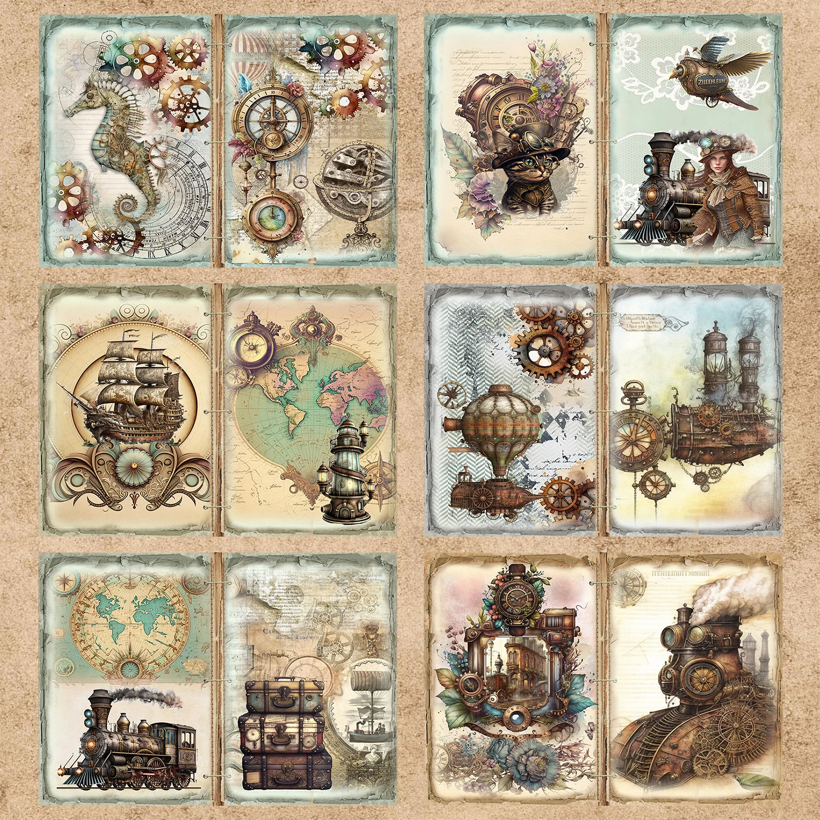 10 Sheets A5 Size Retro Steampunk Girls Costume Train Gear Vintage Grunge Journal Planning Scrapbooking