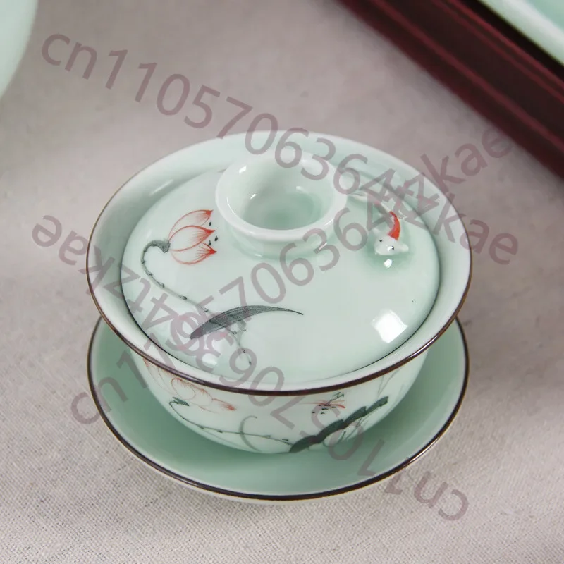 Newly Listed Fish Relief Cup Bowl Longquan Celadon Porcelain Gaiwan Floral Print