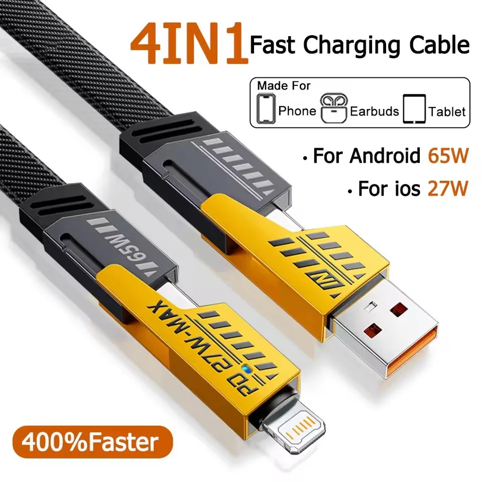 65W 4-in-1 Fast Charging PD QC Mecha Cable USB C Multi-Port Quick Charge Wire For Android iPhone XS 11 12 13 14 15 16 17 Pro Max