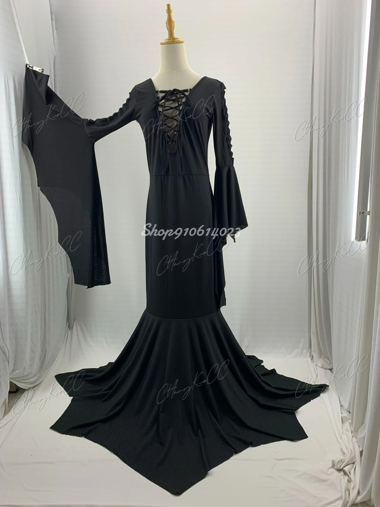 Medieval Vampire Black Lace Up Gown Robe For Women S-5XL Sexy Witch Ghost Halloween Costume Morticia Addam Gothic Maxi Dress