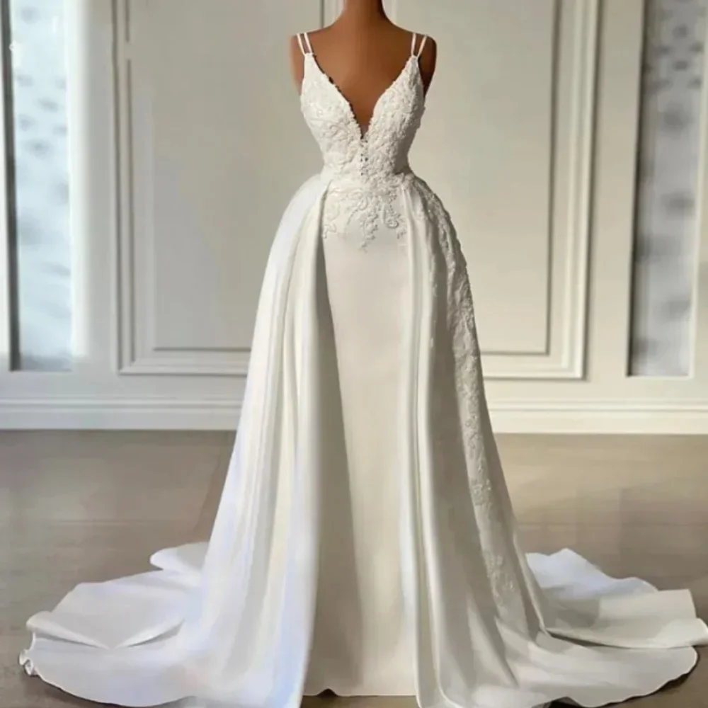 Fall In Love Detachable Train White Wedding Dress Lace Appliques V-Neck Spaghetti Straps Bridal Gown Satin Floor-Length Vestidos