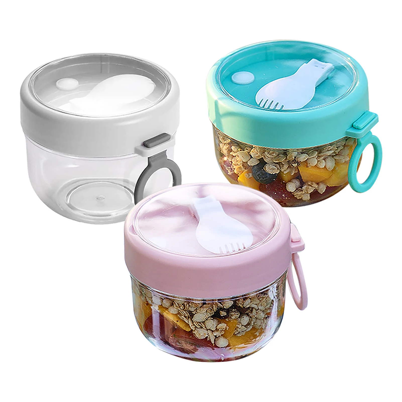 3pcs 600ml Food Storage Overnight Oat Container With Lid Spoon Large Capacity Office Daily Breakfast Plastic Cereal Cup Portable