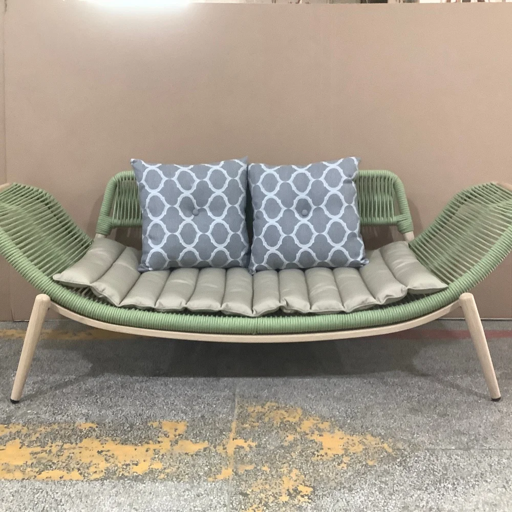 * OEM Modern Mint Green Solid Wood Outdoor Woven Rattan Loveseat Weather-Resistant 2-Seater Sofa for Patio Balcony Garden